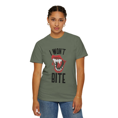 Fun Unisex 'I Won't Bite' T-Shirt for Halloween, Casual Wear, Graphic Tee, Gift for Friends, Statement Shirt