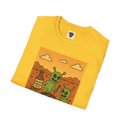 Alien BBQ Meat Party Unisex Softstyle T-Shirt, Funny Graphic Tee, Unique Gift, Summer Barbecue Wear, Casual Everyday Shirt, Fun Statement Top