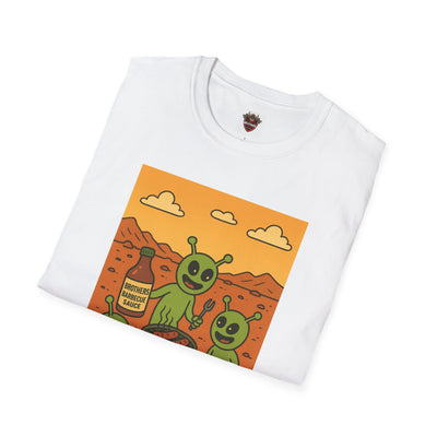 Alien BBQ Meat Party Unisex Softstyle T-Shirt, Funny Graphic Tee, Unique Gift, Summer Barbecue Wear, Casual Everyday Shirt, Fun Statement Top