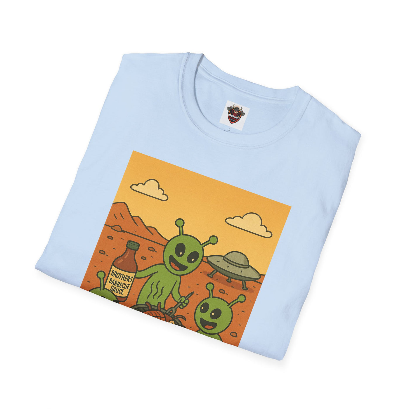 Alien BBQ Party Unisex Softstyle T-Shirt, Fun Graphic Tee, Casual Wear, Summer Party Top, Unique Gift for Friends, Alien Lovers Shirt