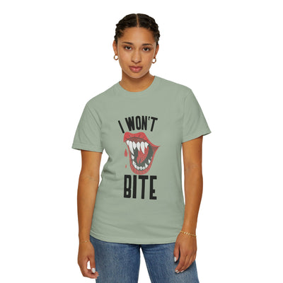 Fun Unisex 'I Won't Bite' T-Shirt for Halloween, Casual Wear, Graphic Tee, Gift for Friends, Statement Shirt