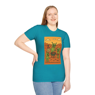 Alien BBQ Meat Party Unisex Softstyle T-Shirt, Funny Graphic Tee, Unique Gift, Summer Barbecue Wear, Casual Everyday Shirt, Fun Statement Top