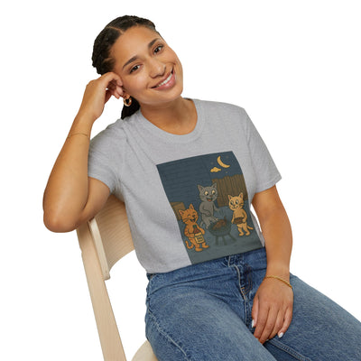 Cute Animal Campfire T-Shirt, Cozy Cat T-Shirt, Gifts for Cat Lovers, Unisex Softstyle Tee, Perfect for Camping or Outdoor Fun
