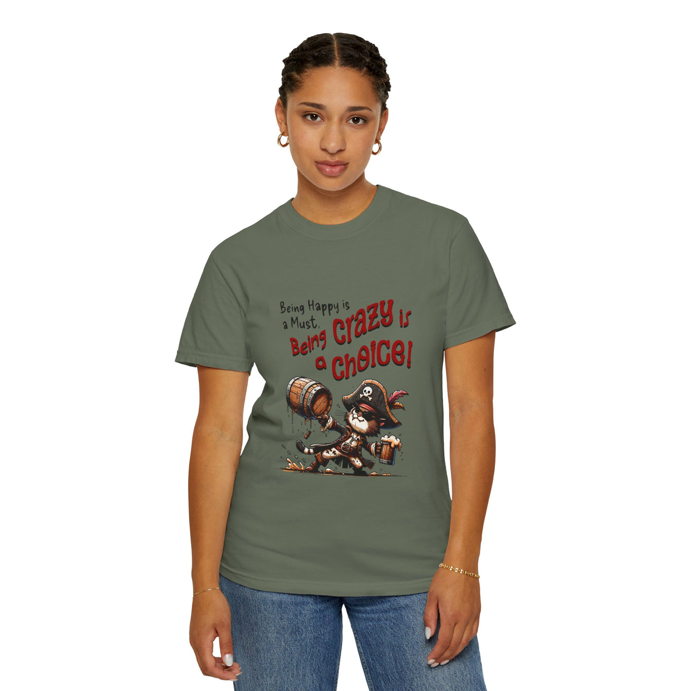 Pirate-Themed Unisex T-Shirt - 'Being Happy is a Must, Being Crazy is a Choice', Fun Gift for Friends, Casual Wear, Retro Style, Beach [...]