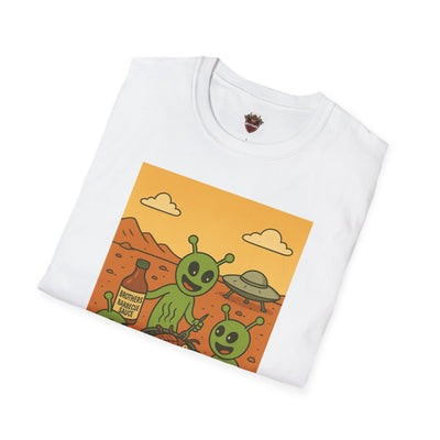 Alien BBQ Party Unisex Softstyle T-Shirt, Fun Graphic Tee, Casual Wear, Summer Party Top, Unique Gift for Friends, Alien Lovers Shirt