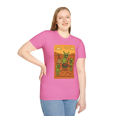 Alien BBQ Meat Party Unisex Softstyle T-Shirt, Funny Graphic Tee, Unique Gift, Summer Barbecue Wear, Casual Everyday Shirt, Fun Statement Top