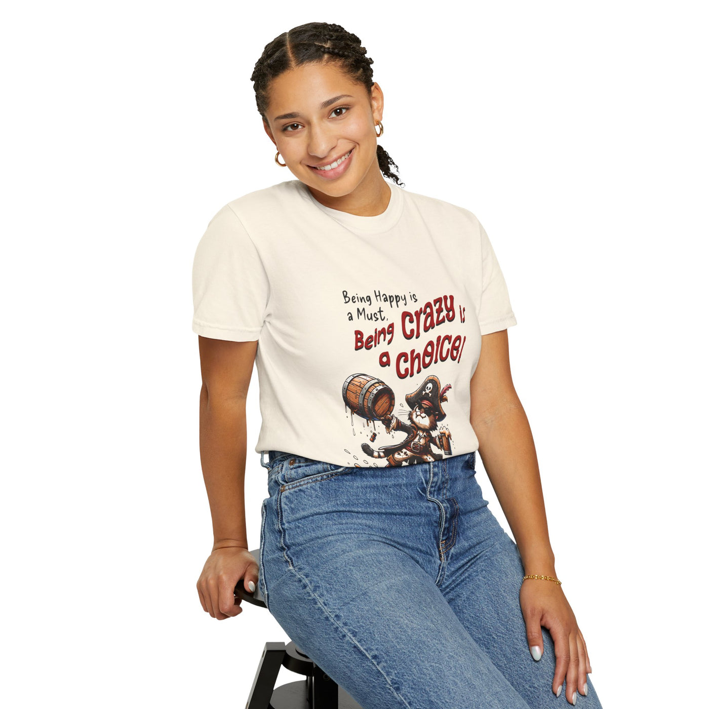 Pirate-Themed Unisex T-Shirt - 'Being Happy is a Must, Being Crazy is a Choice', Fun Gift for Friends, Casual Wear, Retro Style, Beach [...]