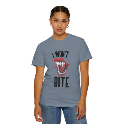 Fun Unisex 'I Won't Bite' T-Shirt for Halloween, Casual Wear, Graphic Tee, Gift for Friends, Statement Shirt