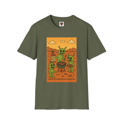 Alien BBQ Meat Party Unisex Softstyle T-Shirt, Funny Graphic Tee, Unique Gift, Summer Barbecue Wear, Casual Everyday Shirt, Fun Statement Top
