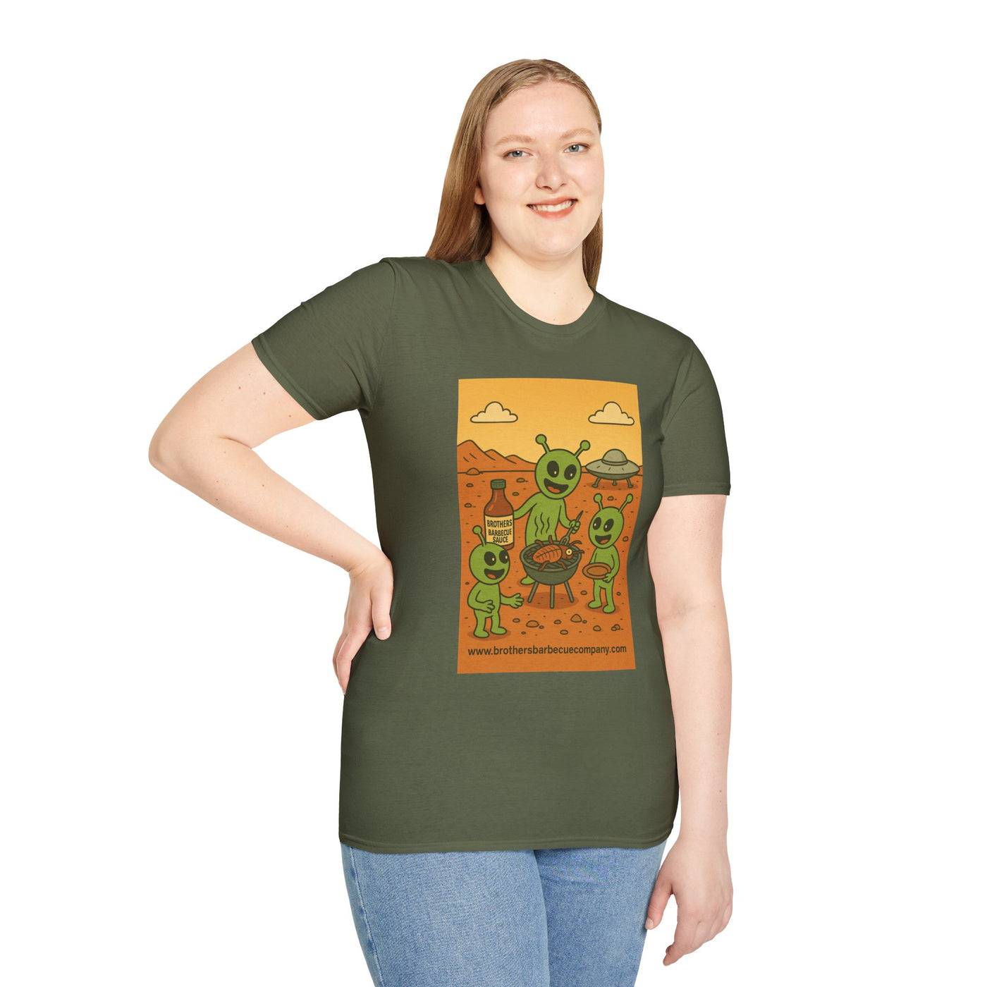 Alien BBQ Party Unisex Softstyle T-Shirt, Fun Graphic Tee, Casual Wear, Summer Party Top, Unique Gift for Friends, Alien Lovers Shirt