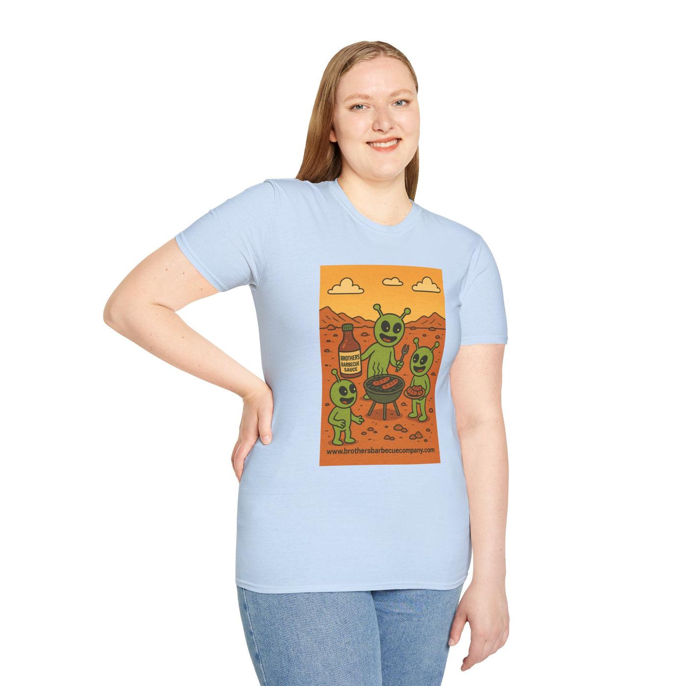 Alien BBQ Meat Party Unisex Softstyle T-Shirt, Funny Graphic Tee, Unique Gift, Summer Barbecue Wear, Casual Everyday Shirt, Fun Statement Top