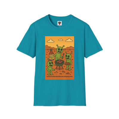 Alien BBQ Meat Party Unisex Softstyle T-Shirt, Funny Graphic Tee, Unique Gift, Summer Barbecue Wear, Casual Everyday Shirt, Fun Statement Top