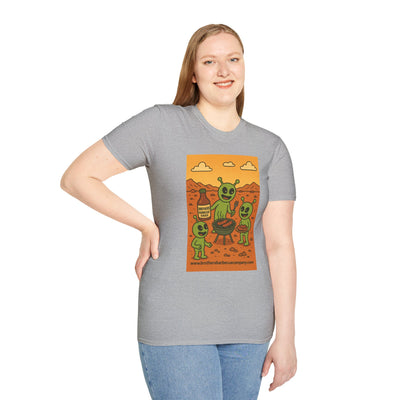 Alien BBQ Meat Party Unisex Softstyle T-Shirt, Funny Graphic Tee, Unique Gift, Summer Barbecue Wear, Casual Everyday Shirt, Fun Statement Top