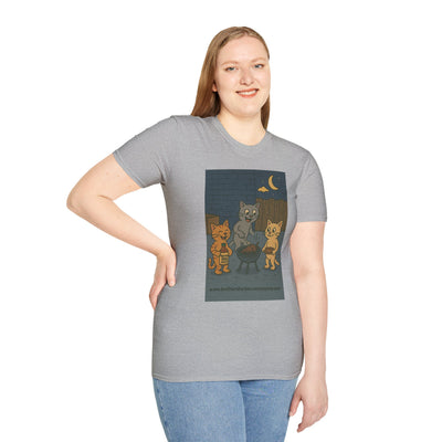 Cute Animal Campfire T-Shirt, Cozy Cat T-Shirt, Gifts for Cat Lovers, Unisex Softstyle Tee, Perfect for Camping or Outdoor Fun