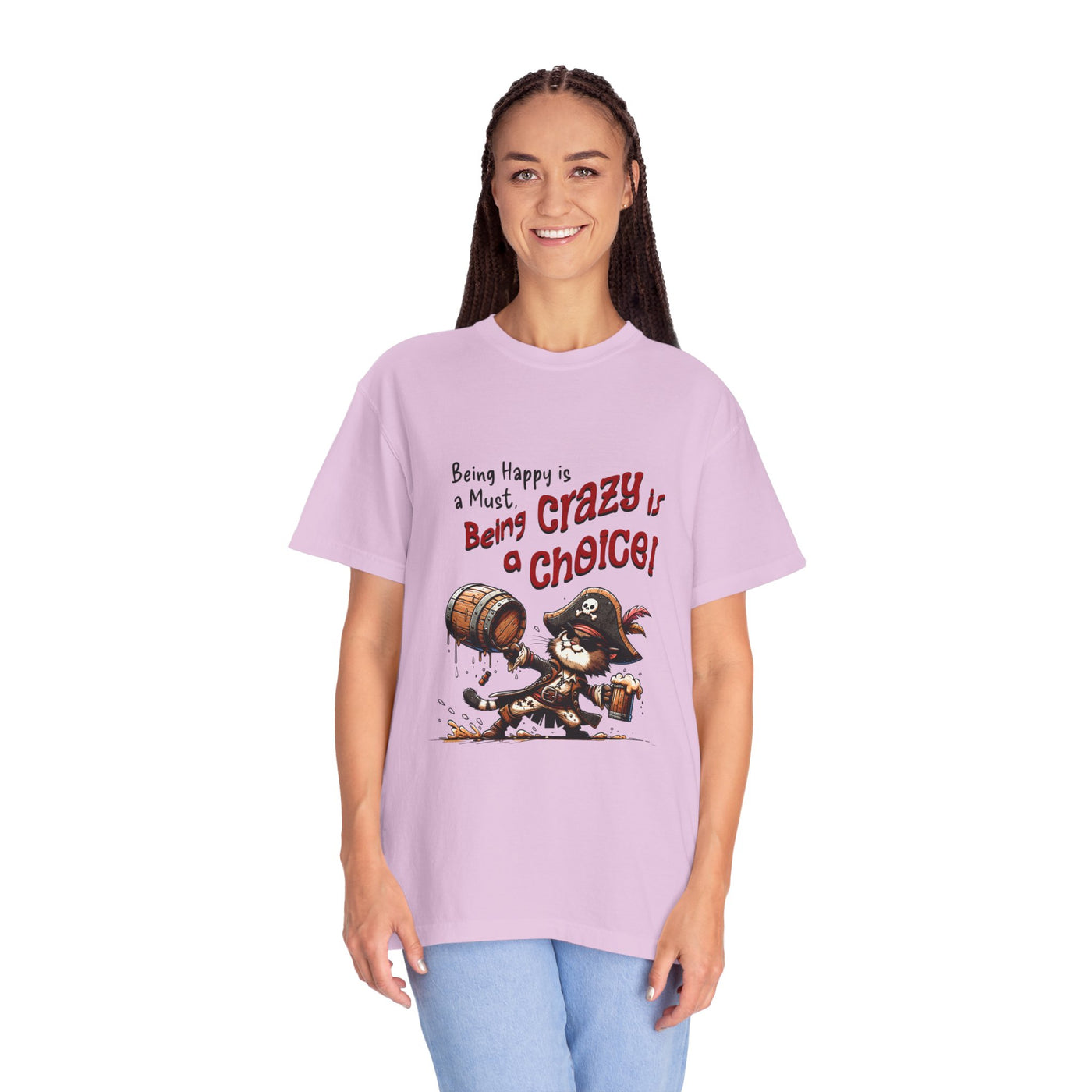 Pirate-Themed Unisex T-Shirt - 'Being Happy is a Must, Being Crazy is a Choice', Fun Gift for Friends, Casual Wear, Retro Style, Beach [...]