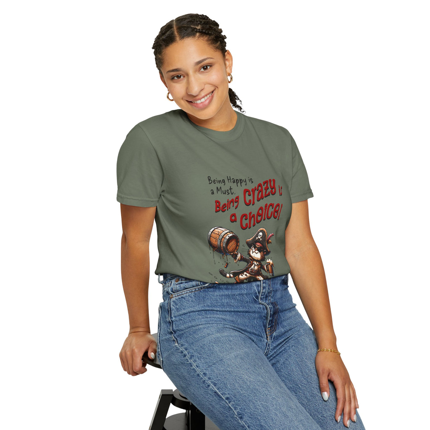 Pirate-Themed Unisex T-Shirt - 'Being Happy is a Must, Being Crazy is a Choice', Fun Gift for Friends, Casual Wear, Retro Style, Beach [...]