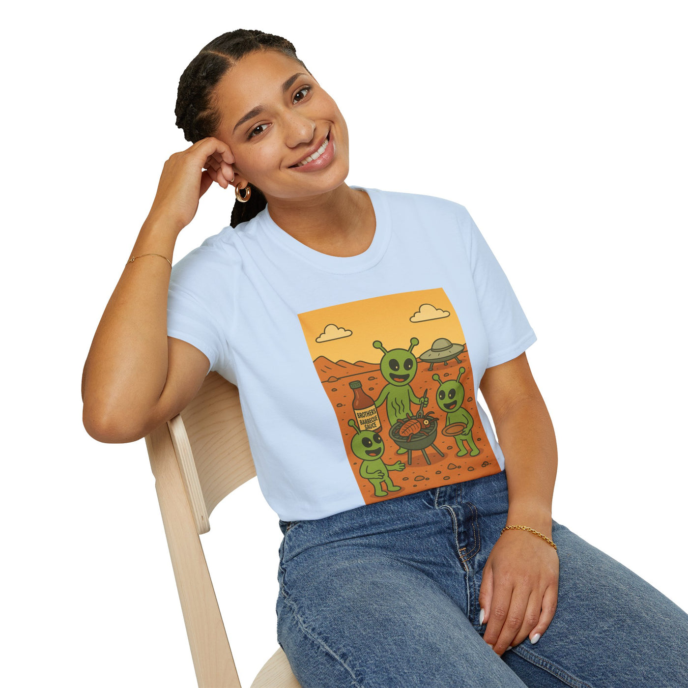 Alien BBQ Party Unisex Softstyle T-Shirt, Fun Graphic Tee, Casual Wear, Summer Party Top, Unique Gift for Friends, Alien Lovers Shirt