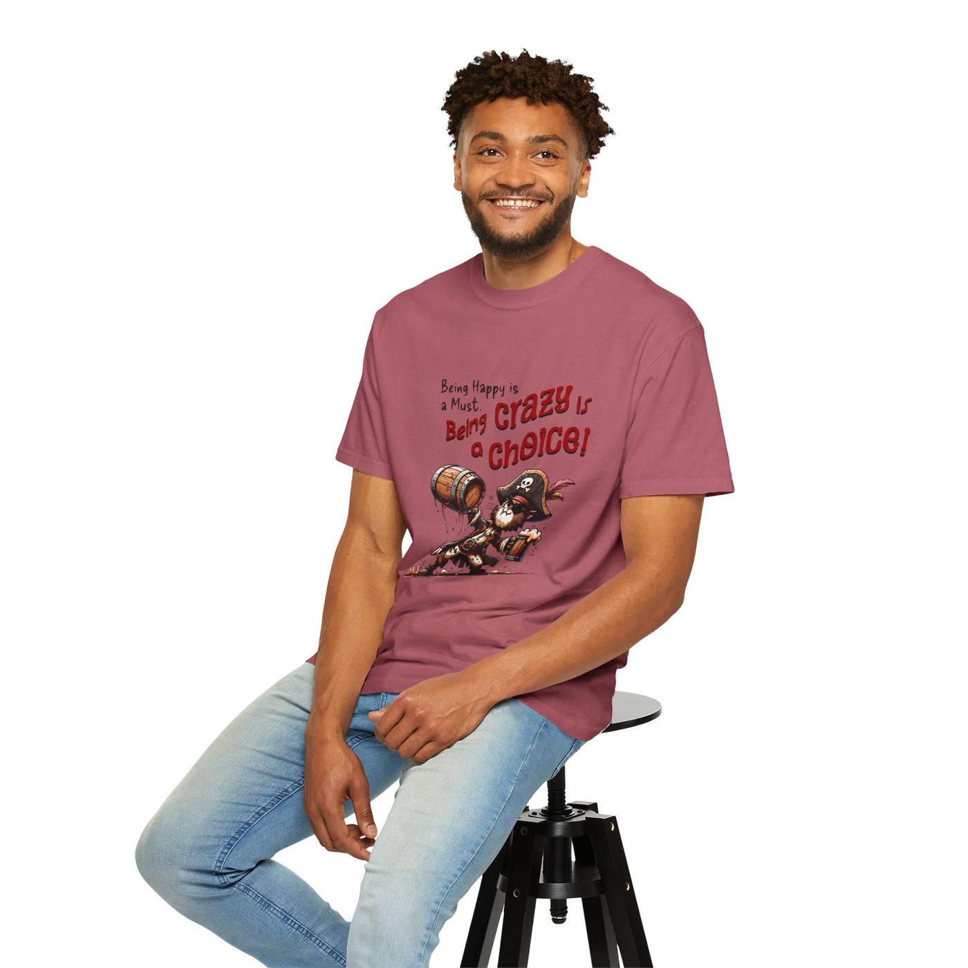 Pirate-Themed Unisex T-Shirt - 'Being Happy is a Must, Being Crazy is a Choice', Fun Gift for Friends, Casual Wear, Retro Style, Beach [...]