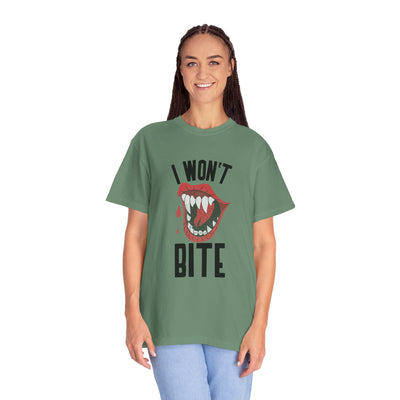 Fun Unisex 'I Won't Bite' T-Shirt for Halloween, Casual Wear, Graphic Tee, Gift for Friends, Statement Shirt