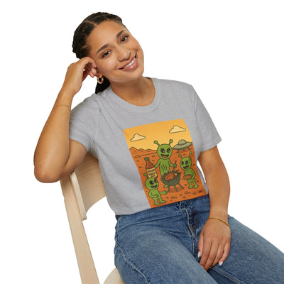 Alien BBQ Party Unisex Softstyle T-Shirt, Fun Graphic Tee, Casual Wear, Summer Party Top, Unique Gift for Friends, Alien Lovers Shirt