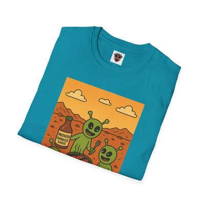 Alien BBQ Meat Party Unisex Softstyle T-Shirt, Funny Graphic Tee, Unique Gift, Summer Barbecue Wear, Casual Everyday Shirt, Fun Statement Top