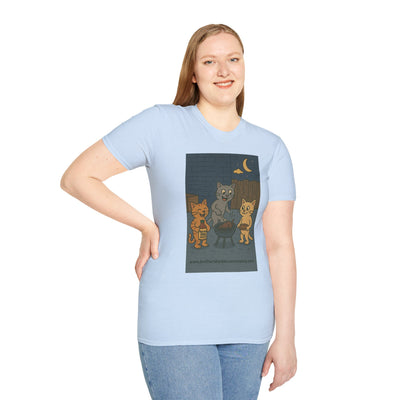 Cute Animal Campfire T-Shirt, Cozy Cat T-Shirt, Gifts for Cat Lovers, Unisex Softstyle Tee, Perfect for Camping or Outdoor Fun