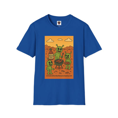Alien BBQ Meat Party Unisex Softstyle T-Shirt, Funny Graphic Tee, Unique Gift, Summer Barbecue Wear, Casual Everyday Shirt, Fun Statement Top