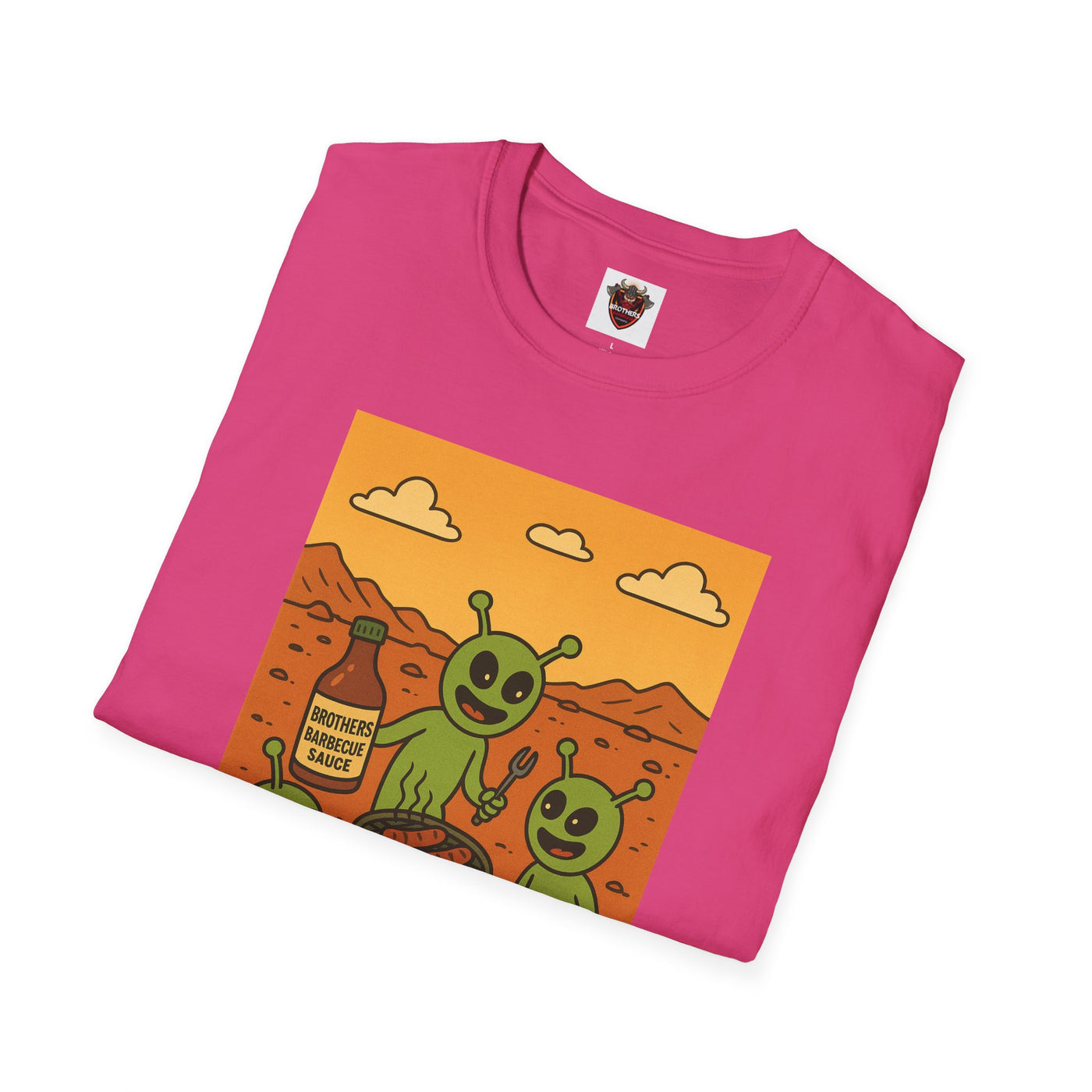Alien BBQ Meat Party Unisex Softstyle T-Shirt, Funny Graphic Tee, Unique Gift, Summer Barbecue Wear, Casual Everyday Shirt, Fun Statement Top