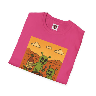 Alien BBQ Meat Party Unisex Softstyle T-Shirt, Funny Graphic Tee, Unique Gift, Summer Barbecue Wear, Casual Everyday Shirt, Fun Statement Top