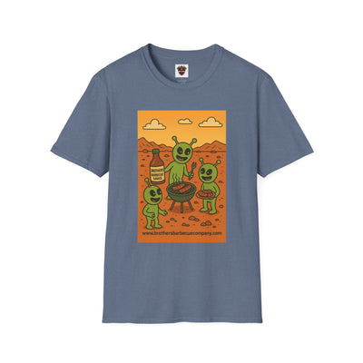 Alien BBQ Meat Party Unisex Softstyle T-Shirt, Funny Graphic Tee, Unique Gift, Summer Barbecue Wear, Casual Everyday Shirt, Fun Statement Top