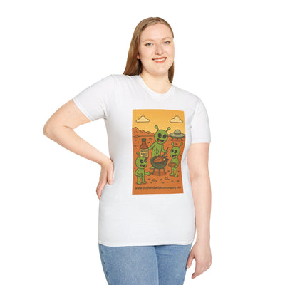 Alien BBQ Party Unisex Softstyle T-Shirt, Fun Graphic Tee, Casual Wear, Summer Party Top, Unique Gift for Friends, Alien Lovers Shirt