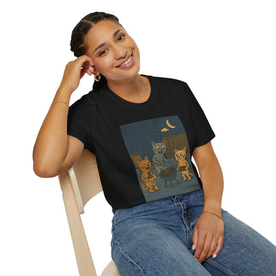 Cute Animal Campfire T-Shirt, Cozy Cat T-Shirt, Gifts for Cat Lovers, Unisex Softstyle Tee, Perfect for Camping or Outdoor Fun