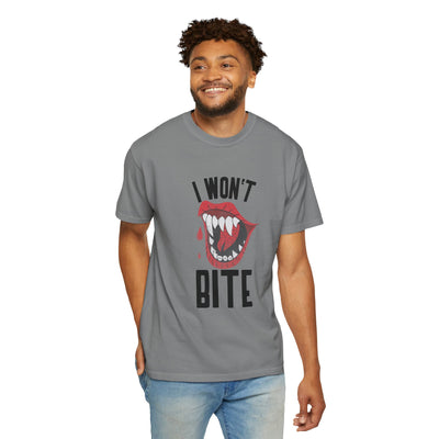 Fun Unisex 'I Won't Bite' T-Shirt for Halloween, Casual Wear, Graphic Tee, Gift for Friends, Statement Shirt
