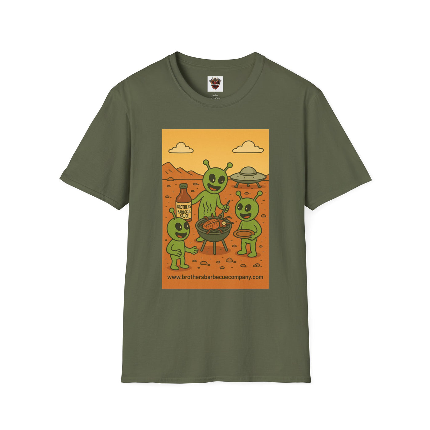 Alien BBQ Party Unisex Softstyle T-Shirt, Fun Graphic Tee, Casual Wear, Summer Party Top, Unique Gift for Friends, Alien Lovers Shirt
