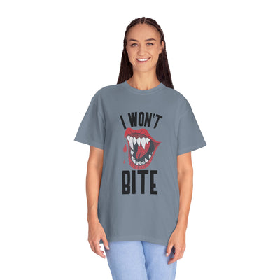 Fun Unisex 'I Won't Bite' T-Shirt for Halloween, Casual Wear, Graphic Tee, Gift for Friends, Statement Shirt