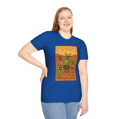 Alien BBQ Meat Party Unisex Softstyle T-Shirt, Funny Graphic Tee, Unique Gift, Summer Barbecue Wear, Casual Everyday Shirt, Fun Statement Top
