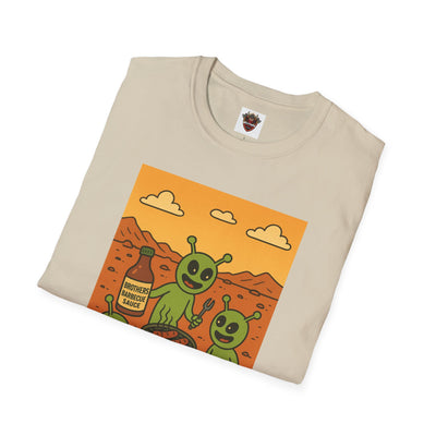 Alien BBQ Meat Party Unisex Softstyle T-Shirt, Funny Graphic Tee, Unique Gift, Summer Barbecue Wear, Casual Everyday Shirt, Fun Statement Top