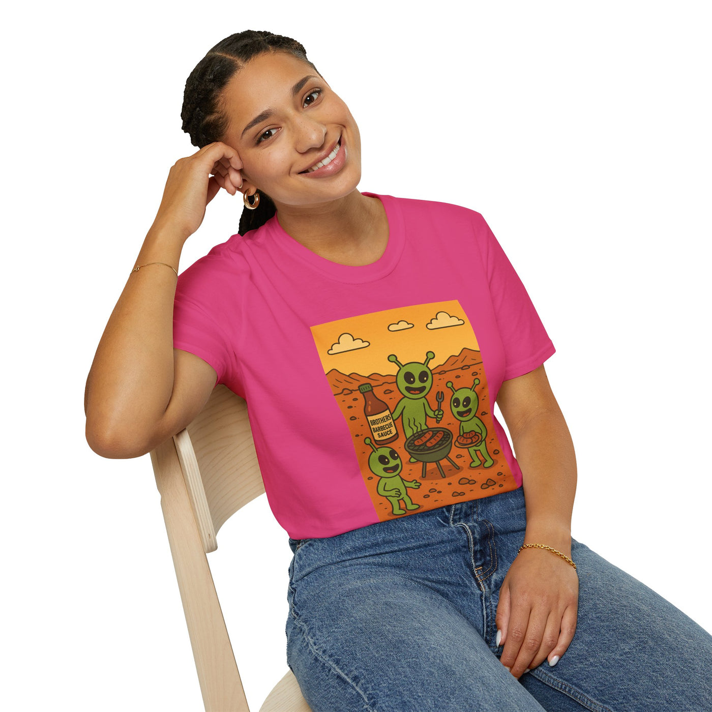 Alien BBQ Meat Party Unisex Softstyle T-Shirt, Funny Graphic Tee, Unique Gift, Summer Barbecue Wear, Casual Everyday Shirt, Fun Statement Top