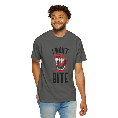 Fun Unisex 'I Won't Bite' T-Shirt for Halloween, Casual Wear, Graphic Tee, Gift for Friends, Statement Shirt