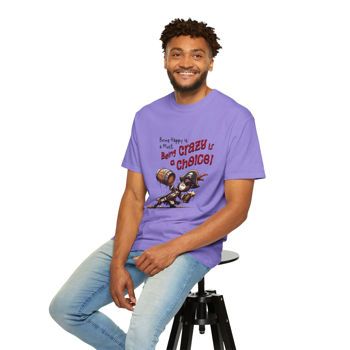 Pirate-Themed Unisex T-Shirt - 'Being Happy is a Must, Being Crazy is a Choice', Fun Gift for Friends, Casual Wear, Retro Style, Beach [...]