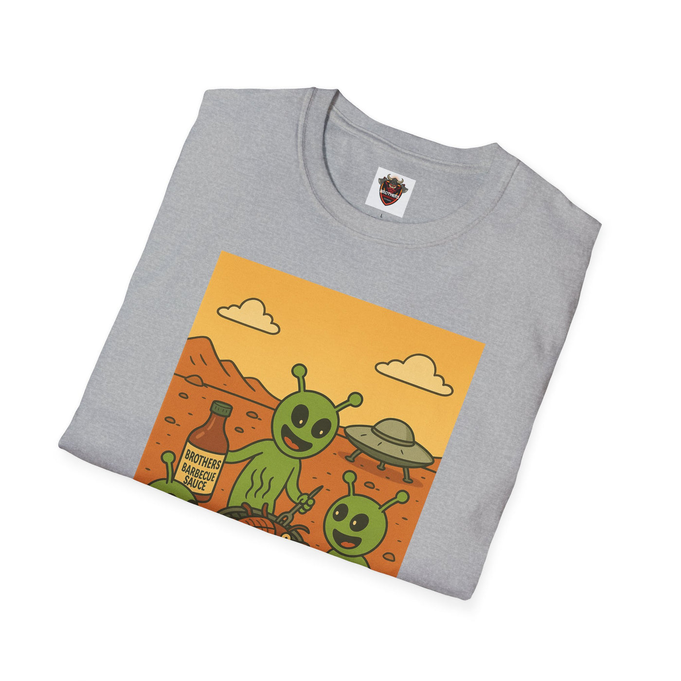 Alien BBQ Party Unisex Softstyle T-Shirt, Fun Graphic Tee, Casual Wear, Summer Party Top, Unique Gift for Friends, Alien Lovers Shirt