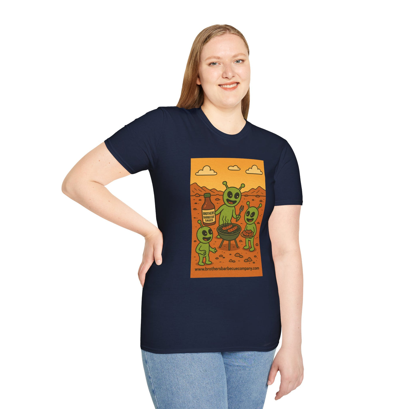 Alien BBQ Meat Party Unisex Softstyle T-Shirt, Funny Graphic Tee, Unique Gift, Summer Barbecue Wear, Casual Everyday Shirt, Fun Statement Top