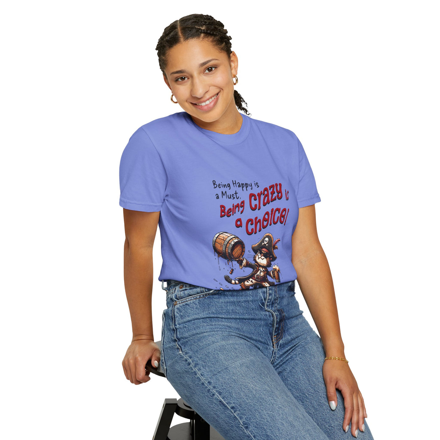 Pirate-Themed Unisex T-Shirt - 'Being Happy is a Must, Being Crazy is a Choice', Fun Gift for Friends, Casual Wear, Retro Style, Beach [...]