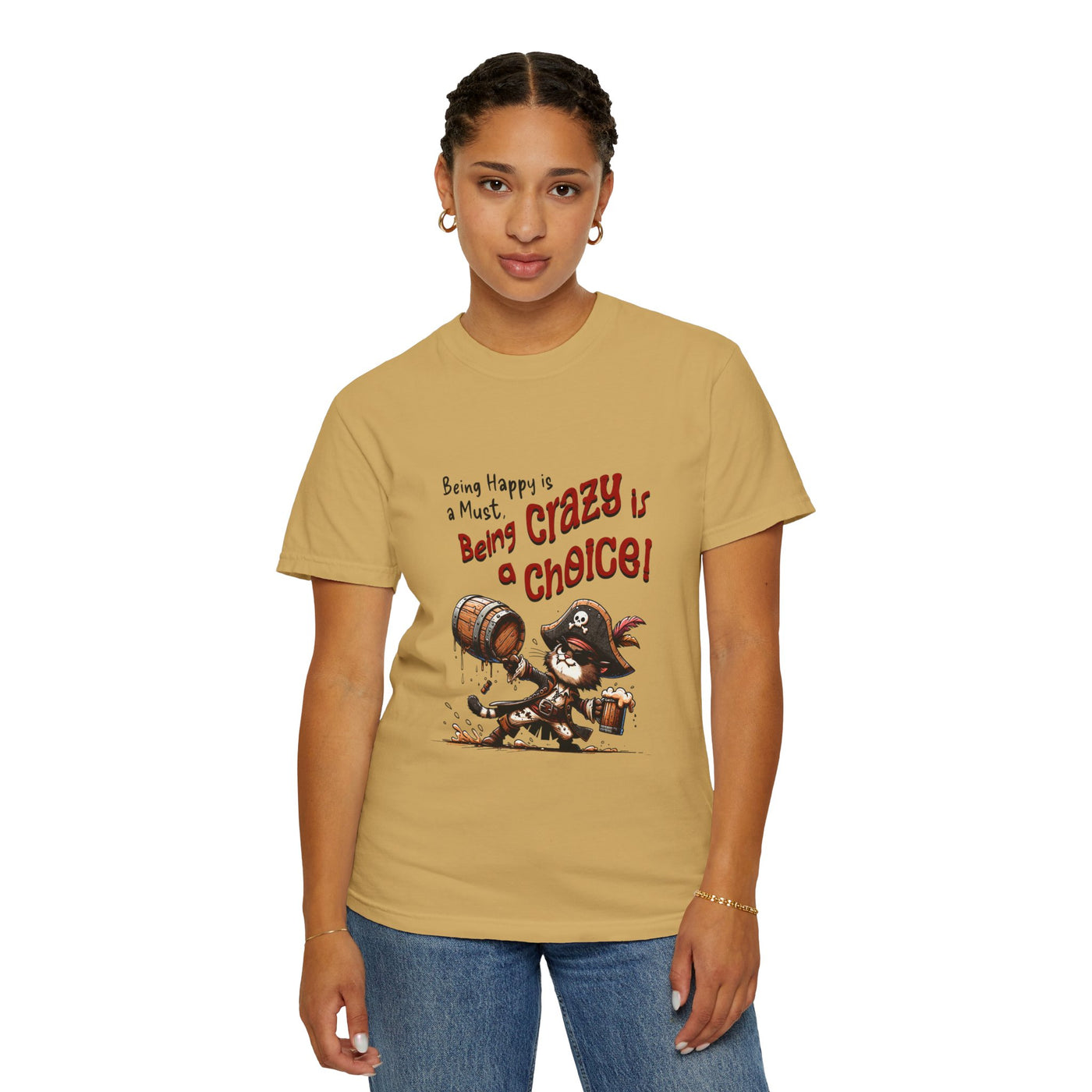 Pirate-Themed Unisex T-Shirt - 'Being Happy is a Must, Being Crazy is a Choice', Fun Gift for Friends, Casual Wear, Retro Style, Beach [...]