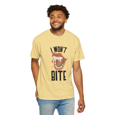 Fun Unisex 'I Won't Bite' T-Shirt for Halloween, Casual Wear, Graphic Tee, Gift for Friends, Statement Shirt