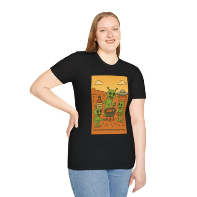Alien BBQ Party Unisex Softstyle T-Shirt, Fun Graphic Tee, Casual Wear, Summer Party Top, Unique Gift for Friends, Alien Lovers Shirt