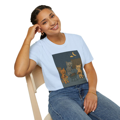 Cute Animal Campfire T-Shirt, Cozy Cat T-Shirt, Gifts for Cat Lovers, Unisex Softstyle Tee, Perfect for Camping or Outdoor Fun