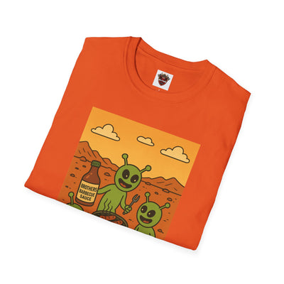 Alien BBQ Meat Party Unisex Softstyle T-Shirt, Funny Graphic Tee, Unique Gift, Summer Barbecue Wear, Casual Everyday Shirt, Fun Statement Top