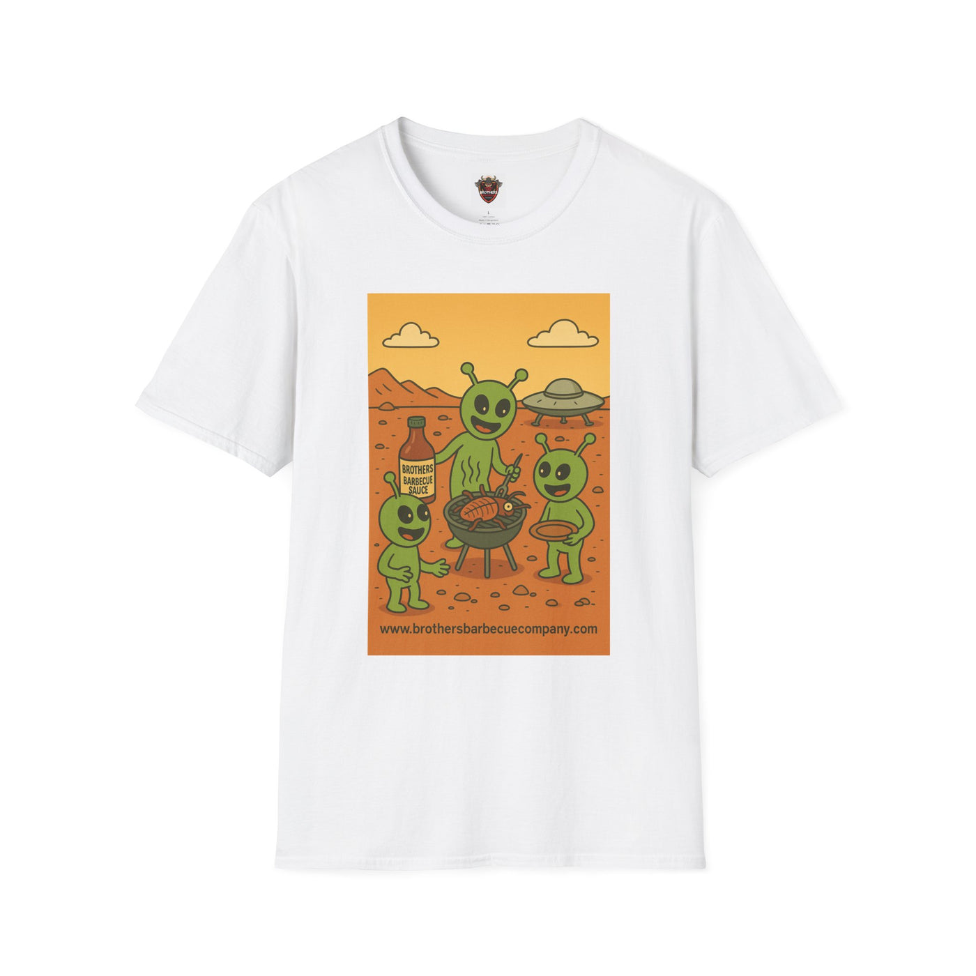 Alien BBQ Party Unisex Softstyle T-Shirt, Fun Graphic Tee, Casual Wear, Summer Party Top, Unique Gift for Friends, Alien Lovers Shirt