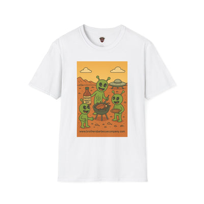 Alien BBQ Party Unisex Softstyle T-Shirt, Fun Graphic Tee, Casual Wear, Summer Party Top, Unique Gift for Friends, Alien Lovers Shirt